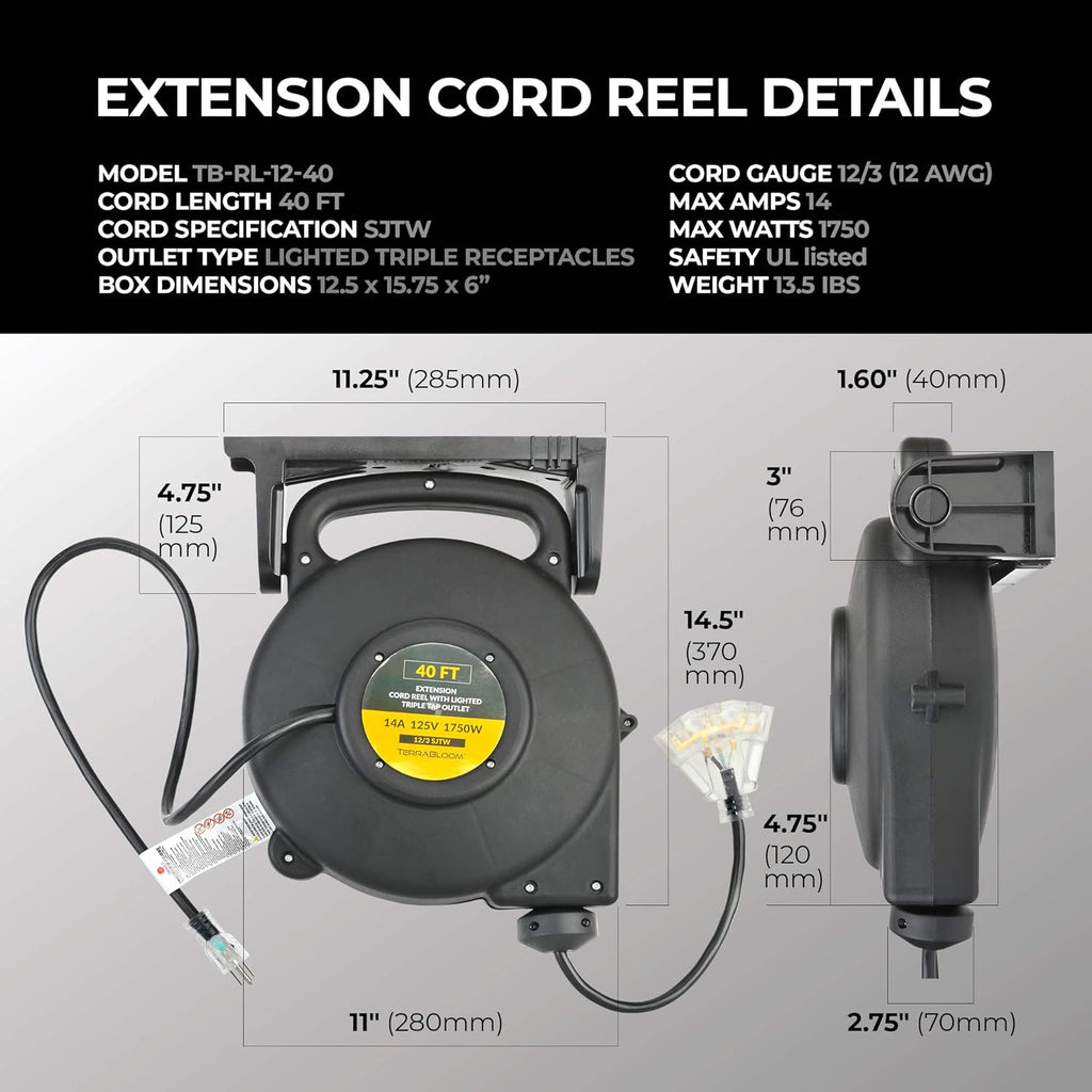 40 Ft 12/3 Retractable Extension Cord Reel with 3 Outlets T9848