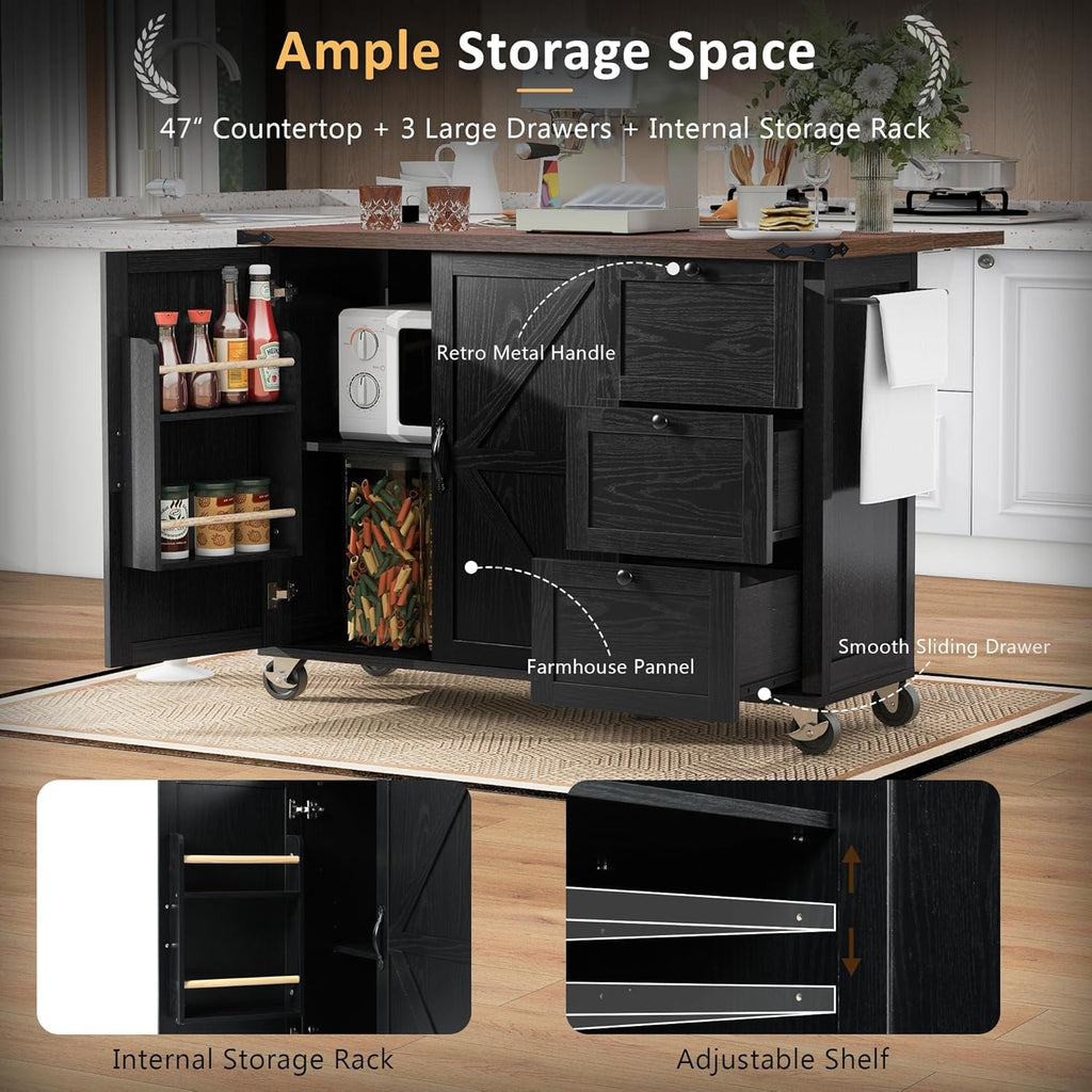 Black Kitchen Island with Power Outlet and Drop Leaf E50398