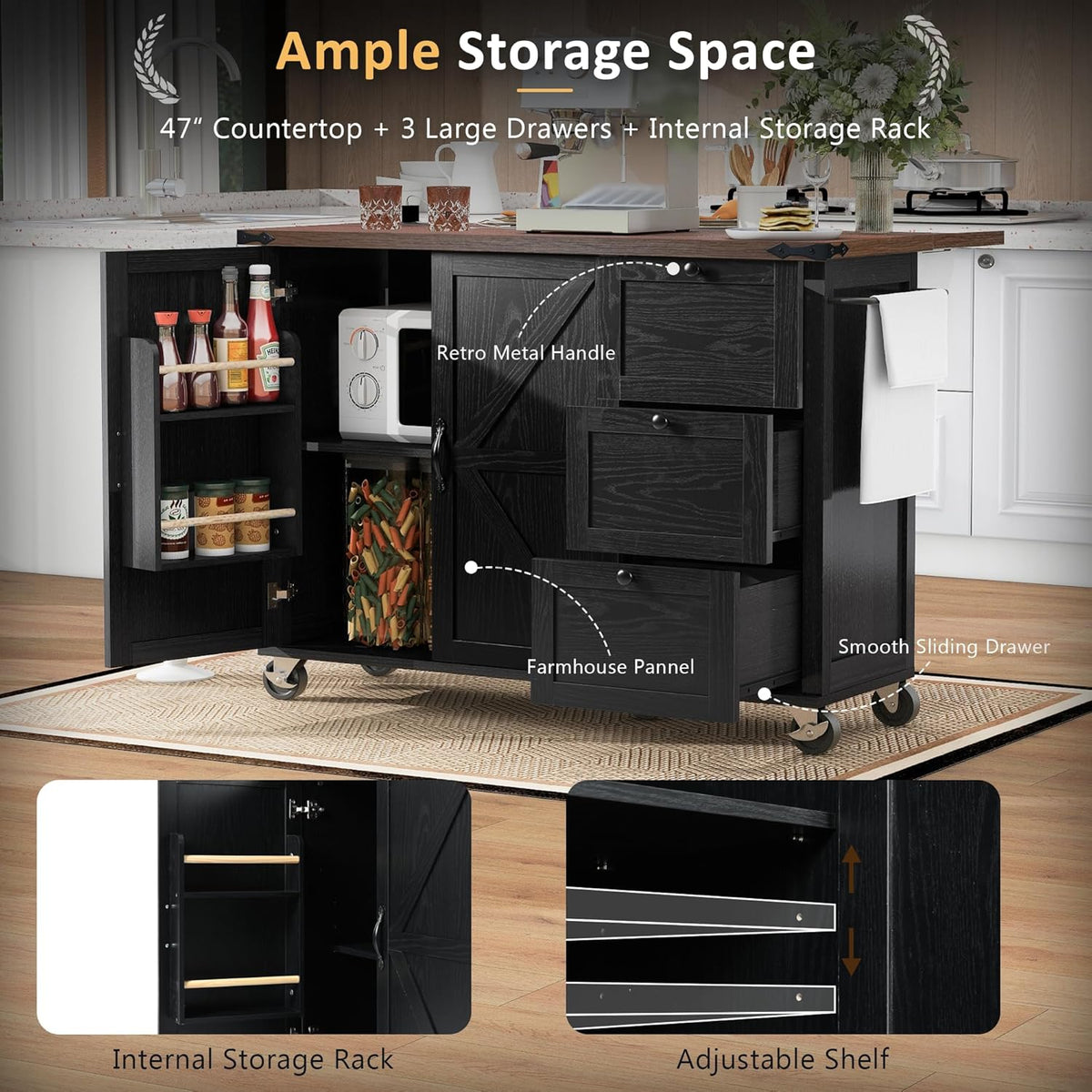 Black Kitchen Island with Power Outlet and Drop Leaf E50398