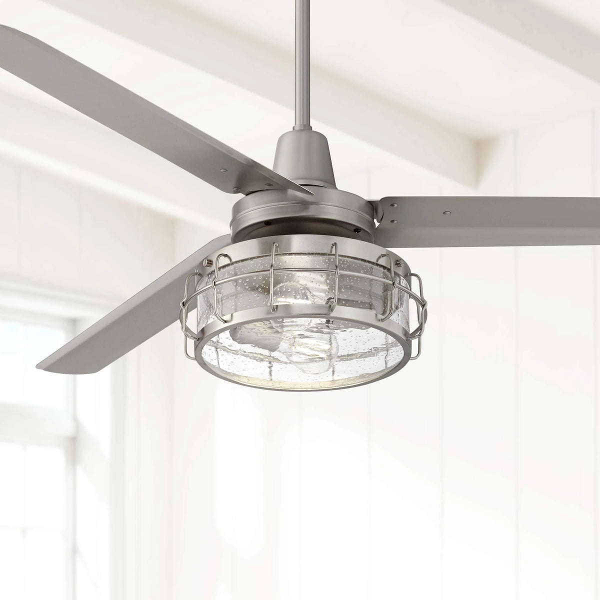 Industrial Ceiling Fan with Light Kit LED Remote Brushed Nickel I67934