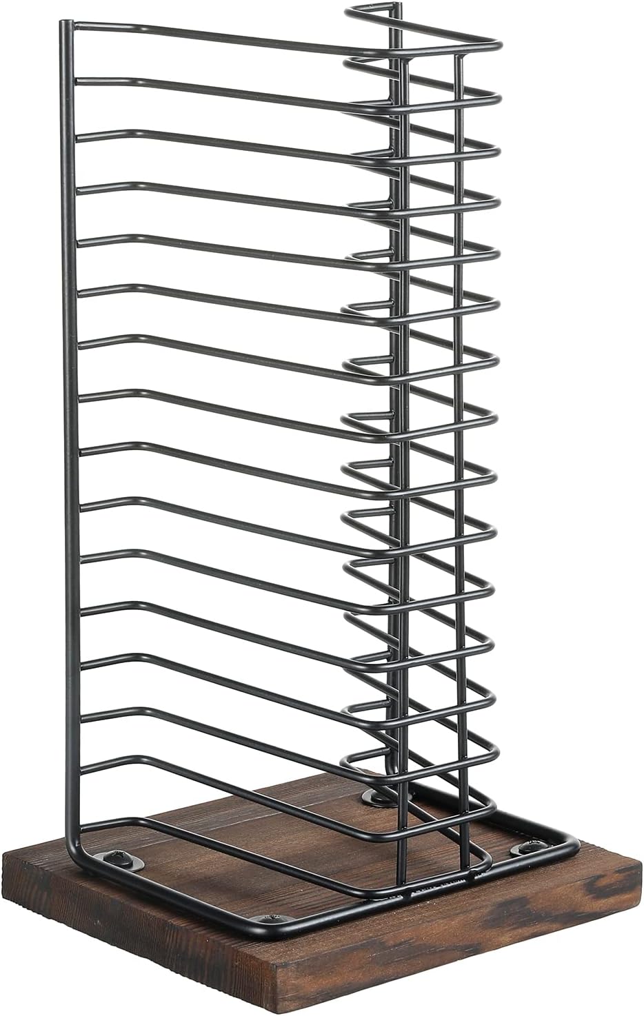 Matte Black Metal Wire Vertical CD Holder with Burnt Wood Base, Holds 15 Jewel Cases U6598