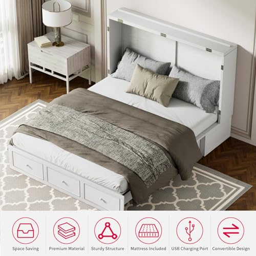 Grey Queen Murphy Bed with Foldable Mattress and Storage Drawer Z48007