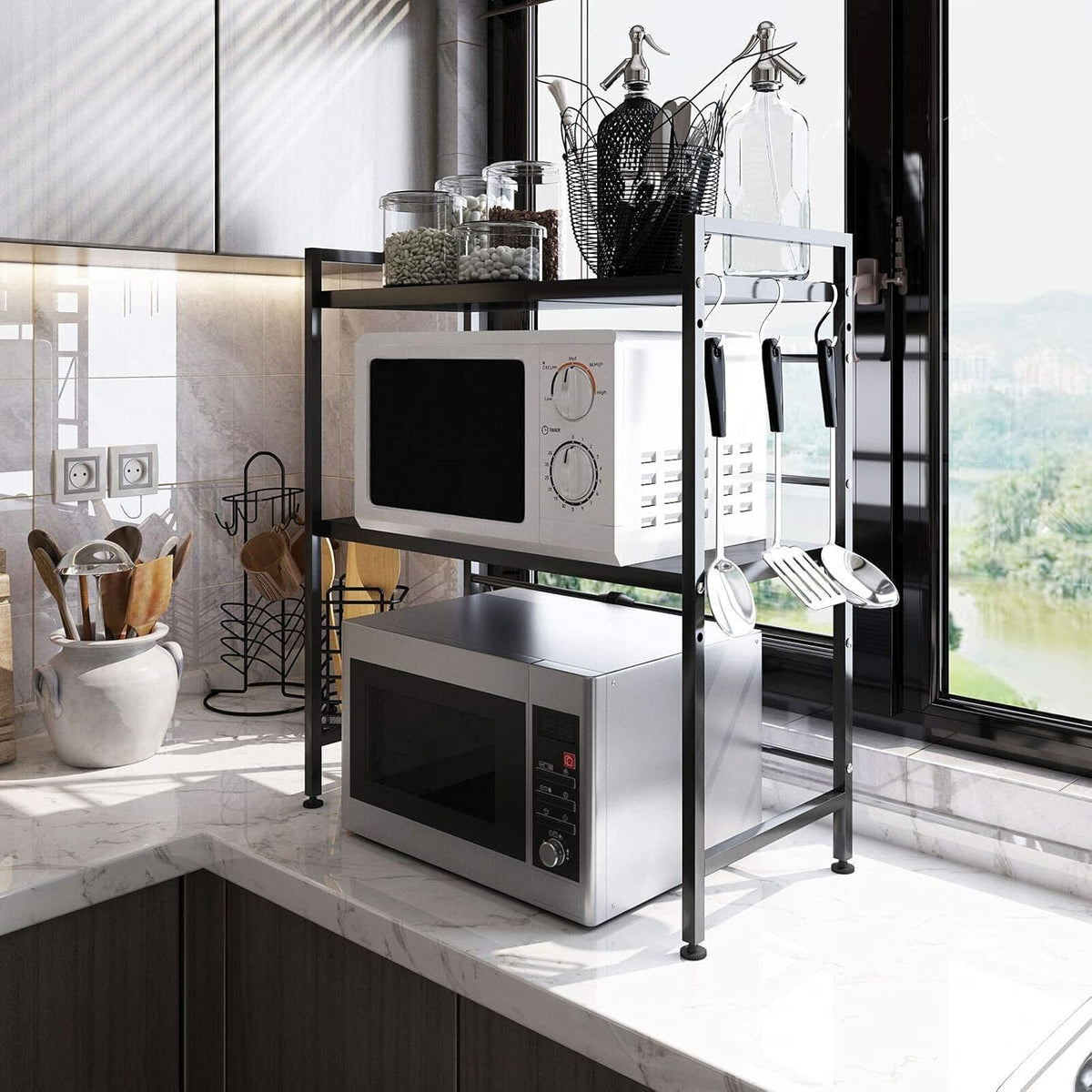3-Tier Adjustable Heavy Duty Microwave Rack with 3 Hooks Carbon Steel Matte Black O62582