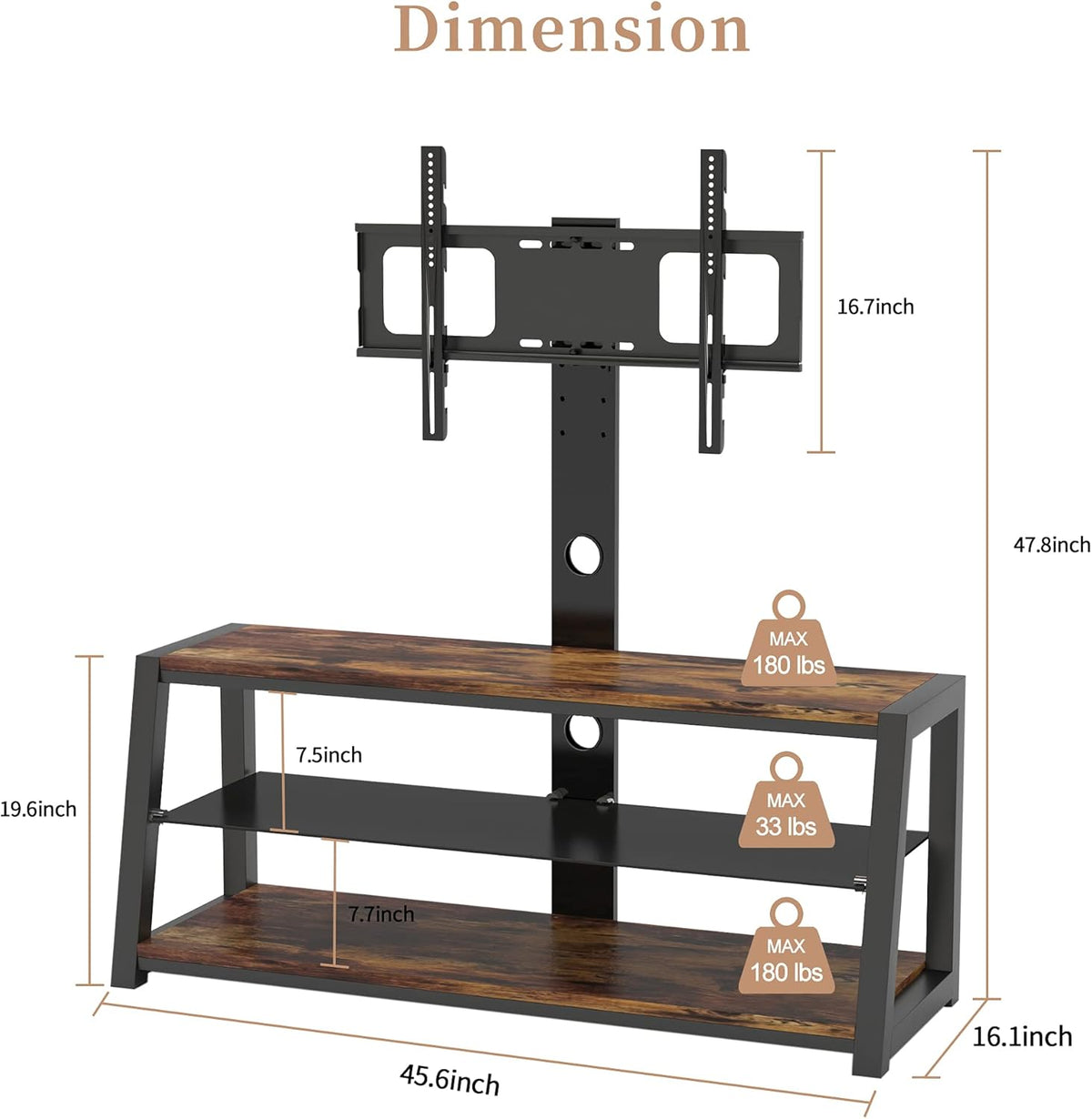 Angle and Height Adjustable Tempered Glass TV Stand, Black D285