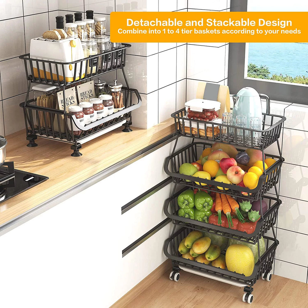 Black Metal Wire 4 Tier Fruit Vegetable Storage Basket with Wheels E212