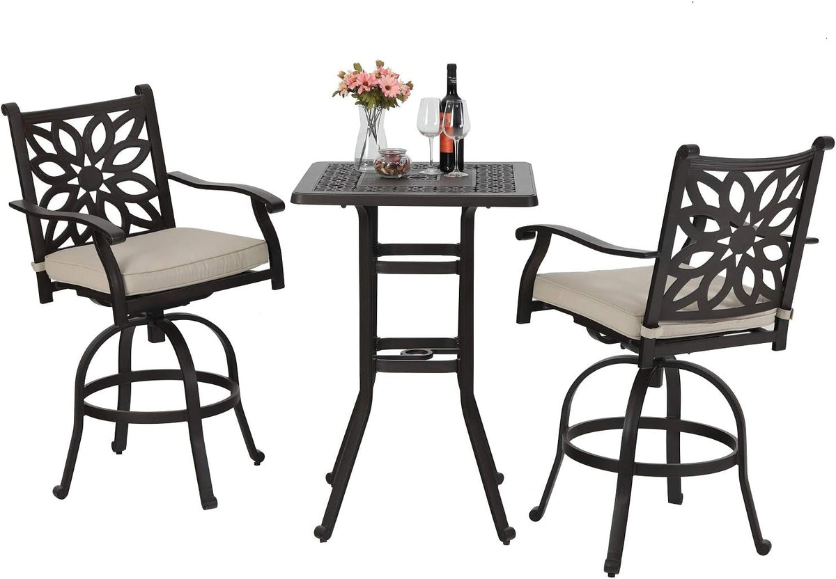 3 Pieces Cast Aluminum Bar Set with 2 Swivel Bar Height Chairs and 1 Square Table G766239