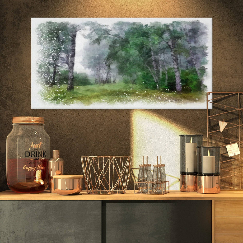 Green Forest Watercolor Drawing Large Landscape Canvas Art 32 in. Wide x 16 in. High X2704