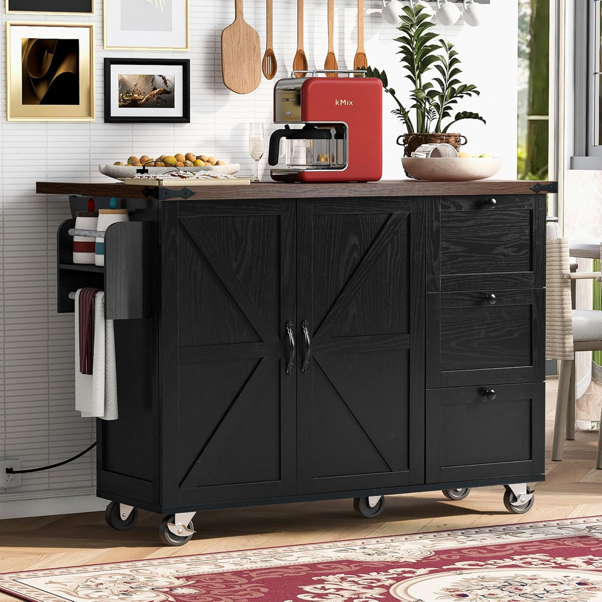 Black Kitchen Island with Power Outlet and Drop Leaf E50398