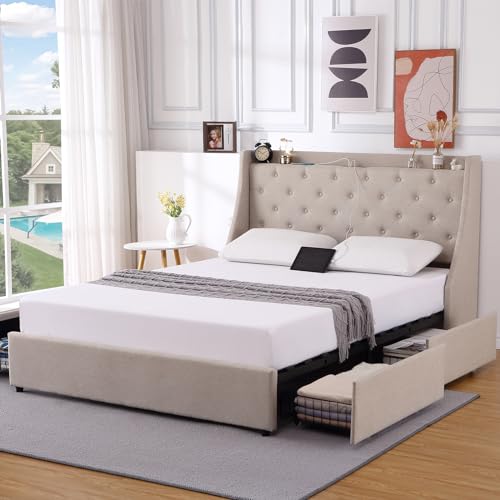 Full Size Upholstered Platform Bed with Button Tufted Storage Headboard and 4 Storage Drawers X233054