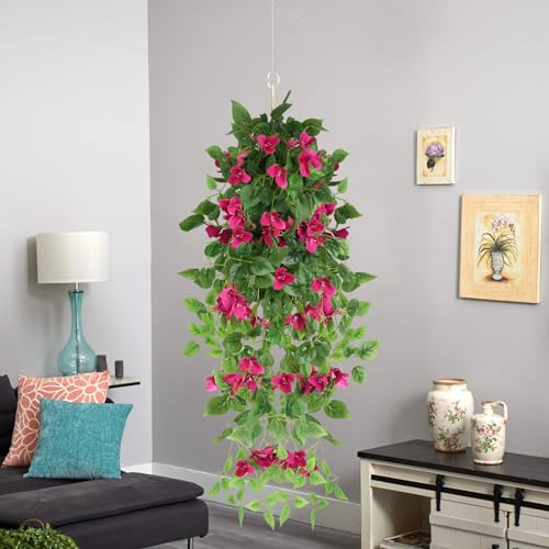 2pcs Artificial Bougainvillea Hanging Flowers 40" Faux Silk Bougainvillea Flower Vines (Rose Red) H7826