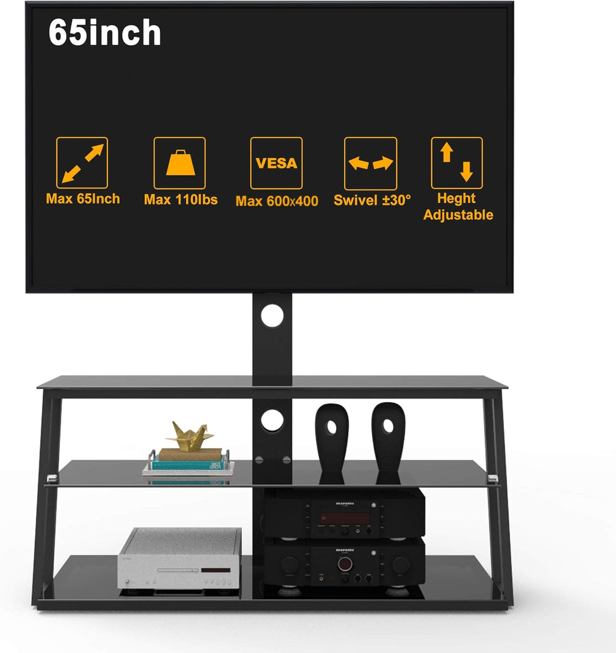 Angle and Height Adjustable Tempered Glass TV Stand, Black D285