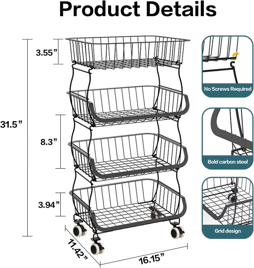 Black Metal Wire 4 Tier Fruit Vegetable Storage Basket with Wheels E212