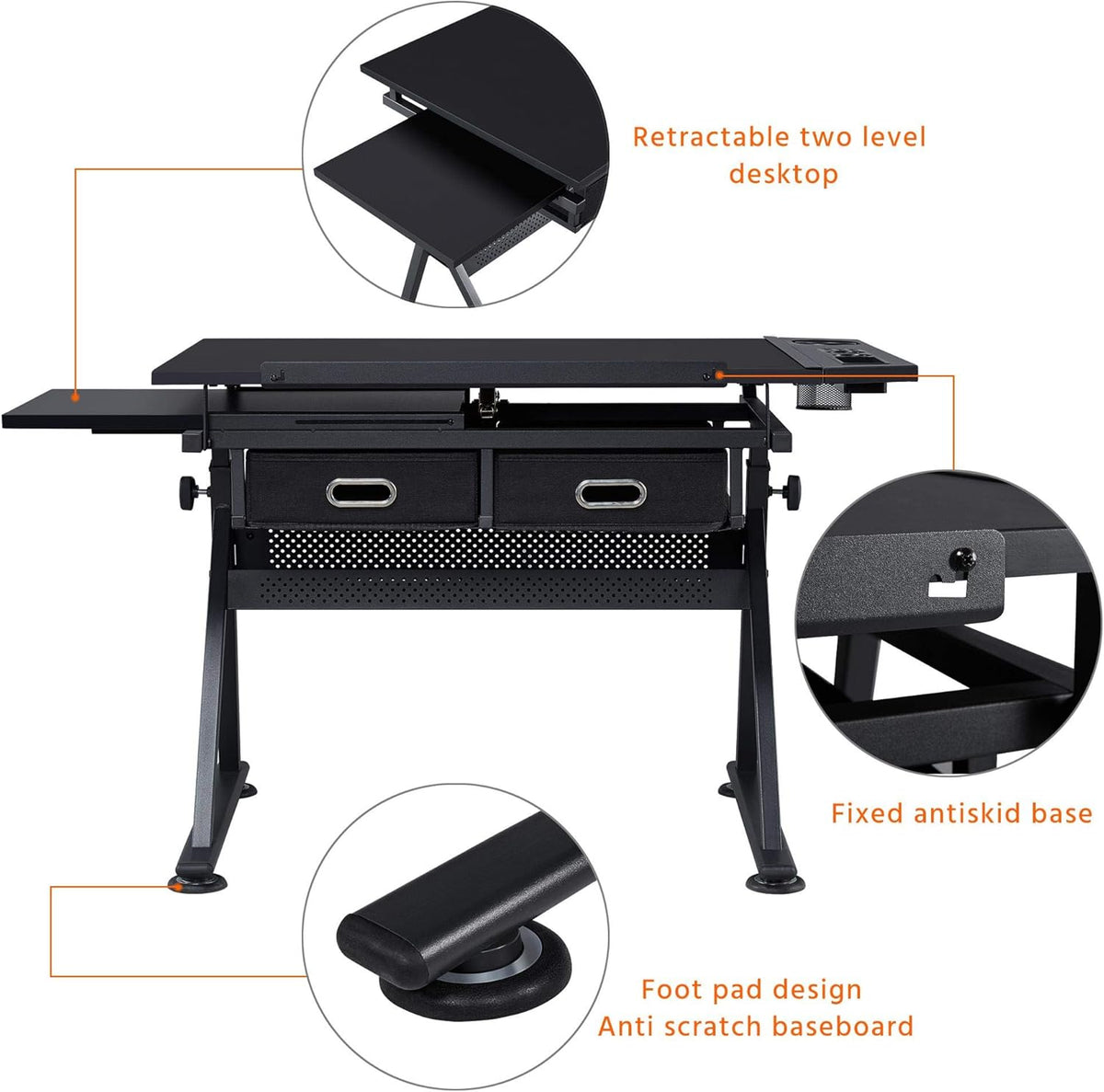 Height Adjustable Drafting Desk with Tiltable Tabletop and 2 Storage Drawers W2731
