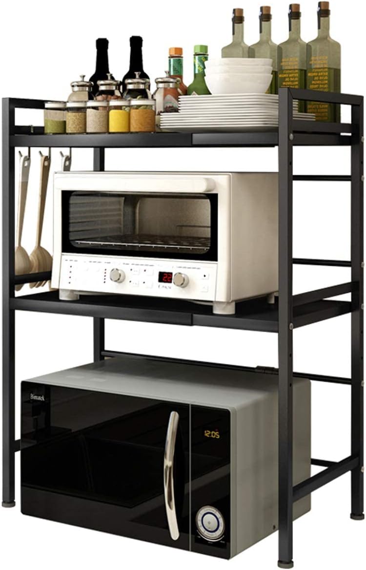 3-Tier Adjustable Heavy Duty Microwave Rack with 3 Hooks Carbon Steel Matte Black O62582