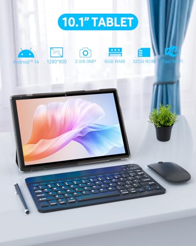 2 in 1 Tablet with Keyboard Case, 10 inch Android 14 Tablet, 6GB RAM+32GB ROM O13393