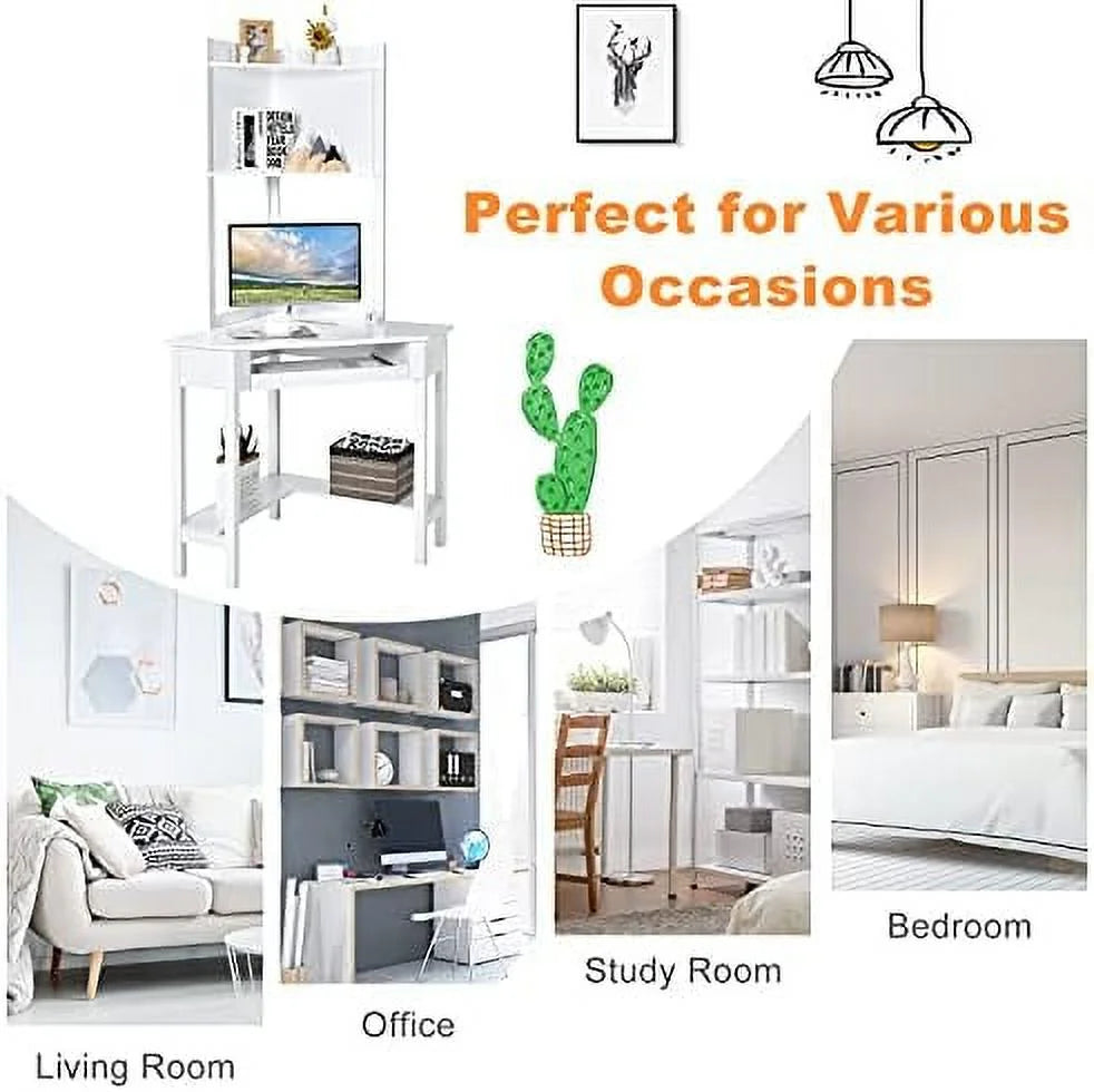 White Corner Desk with Hutch and Keyboard Tray I64277