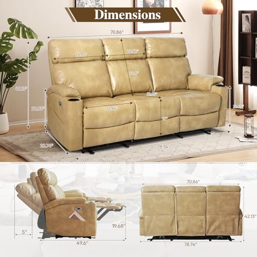 Brown Power Reclining 3-Seat Sofa with USB Ports and Cup Holders V66247