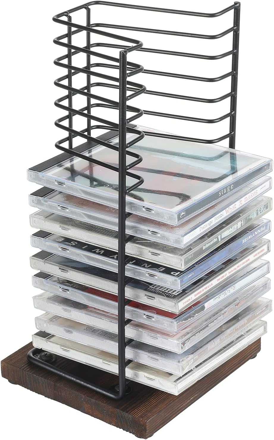 Matte Black Metal Wire Vertical CD Holder with Burnt Wood Base, Holds 15 Jewel Cases U6598
