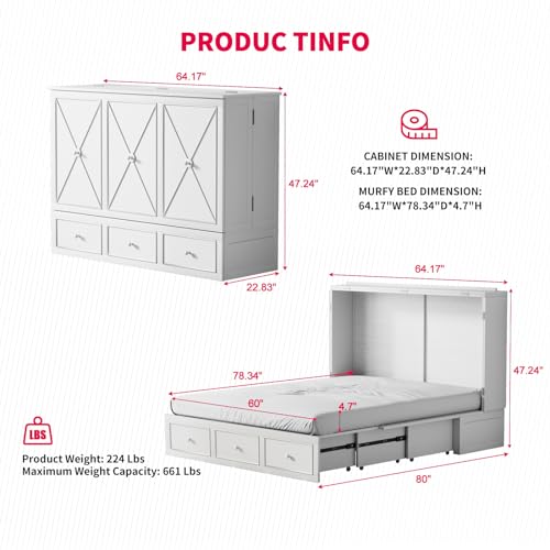 Grey Queen Murphy Bed with Foldable Mattress and Storage Drawer Z48007