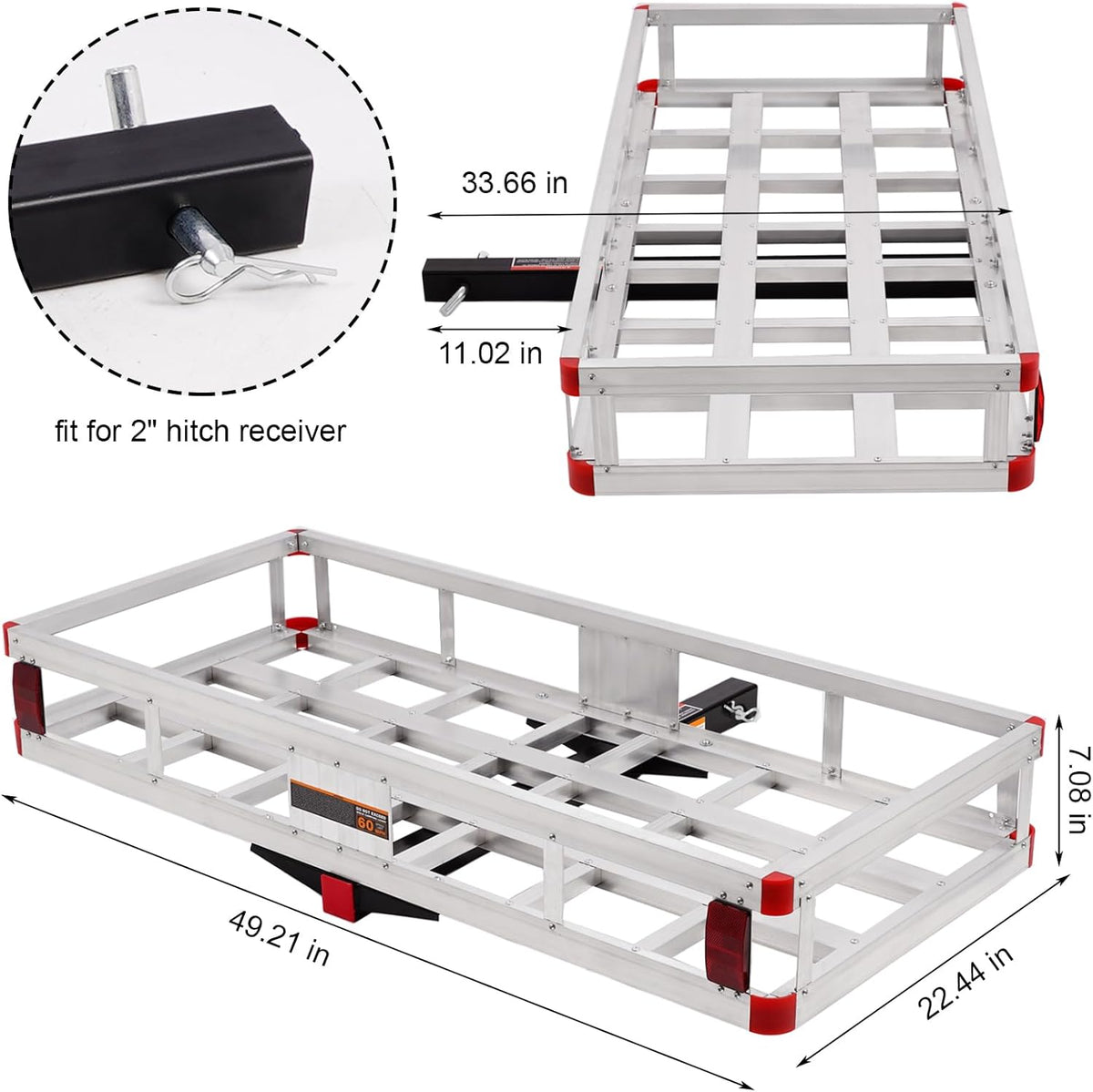Aluminum Cargo Carrier Basket 49.4 x 22.4 x 7.1 inch for 2" Hitch Receiver 500lb Capacity Silver X18136