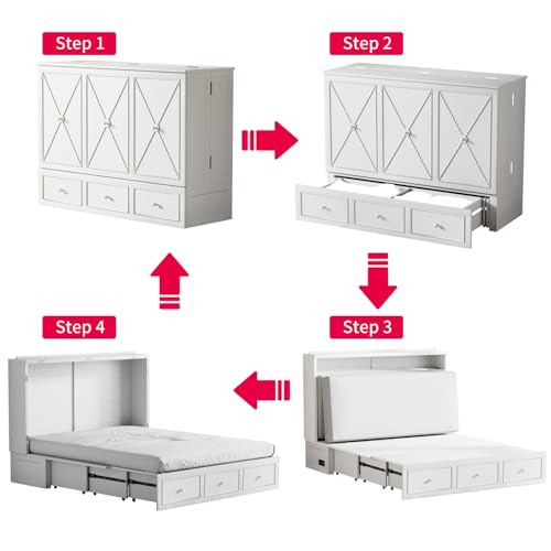 Grey Queen Murphy Bed with Foldable Mattress and Storage Drawer Z48007