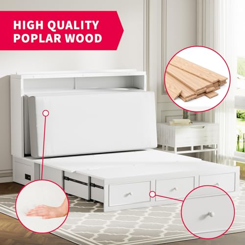 Grey Queen Murphy Bed with Foldable Mattress and Storage Drawer Z48007