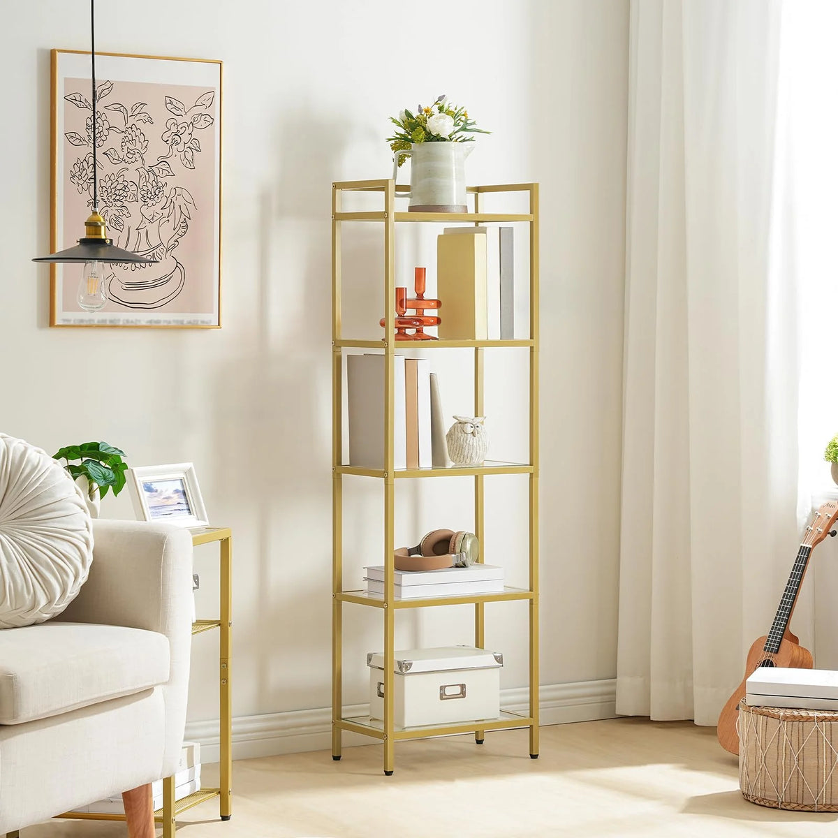 5-Tier Gold Bookcase with Tempered Glass Shelves I9454