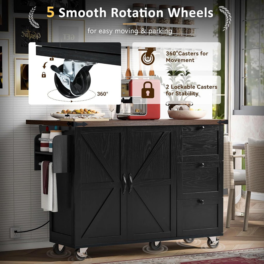 Black Kitchen Island with Power Outlet and Drop Leaf E50398