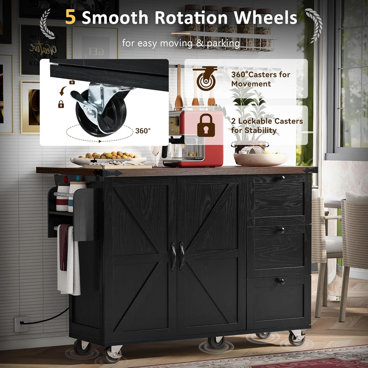Black Kitchen Island with Power Outlet and Drop Leaf E50398