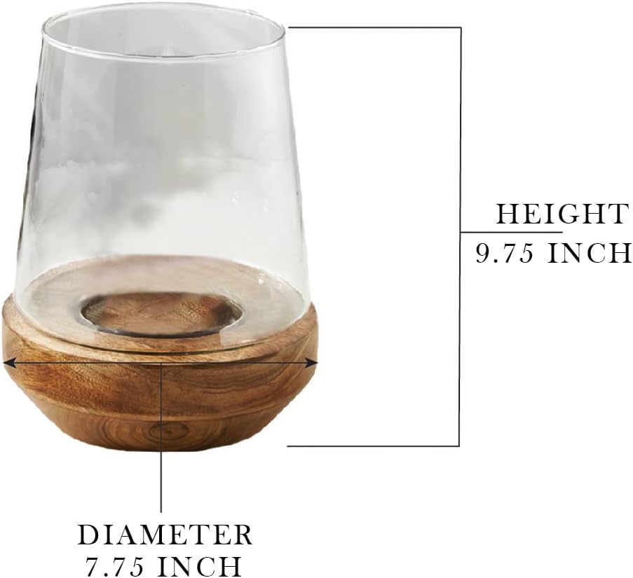 Glass Hurricane with Natural Wood Base, 7.75" Diameter & 9.75" Tall H259002