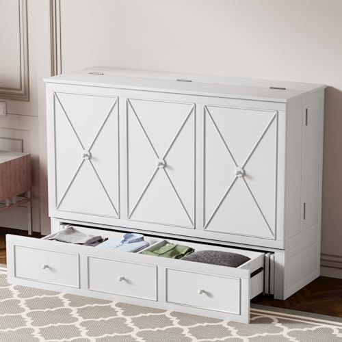 Grey Queen Murphy Bed with Foldable Mattress and Storage Drawer Z48007