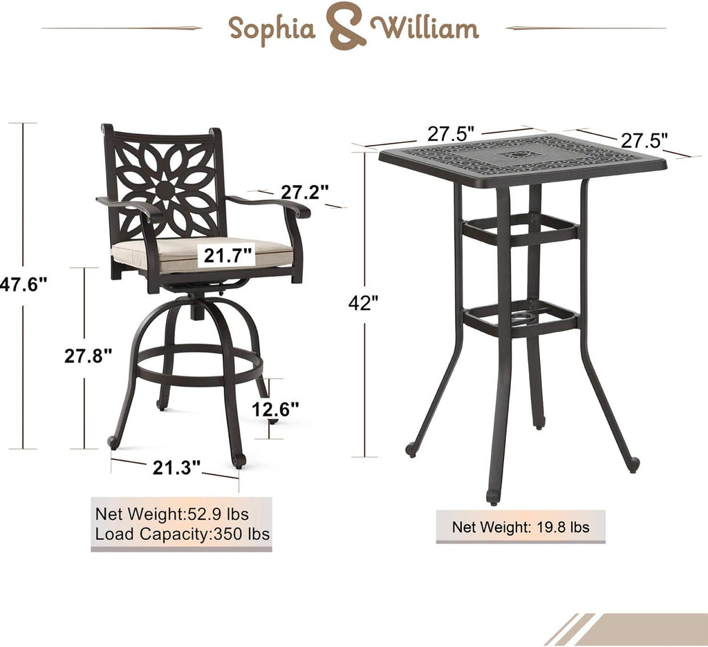 3 Pieces Cast Aluminum Bar Set with 2 Swivel Bar Height Chairs and 1 Square Table G766239