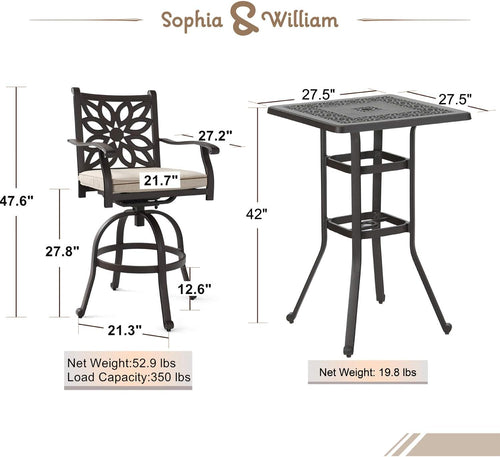3 Pieces Cast Aluminum Bar Set with 2 Swivel Bar Height Chairs and 1 Square Table G766239