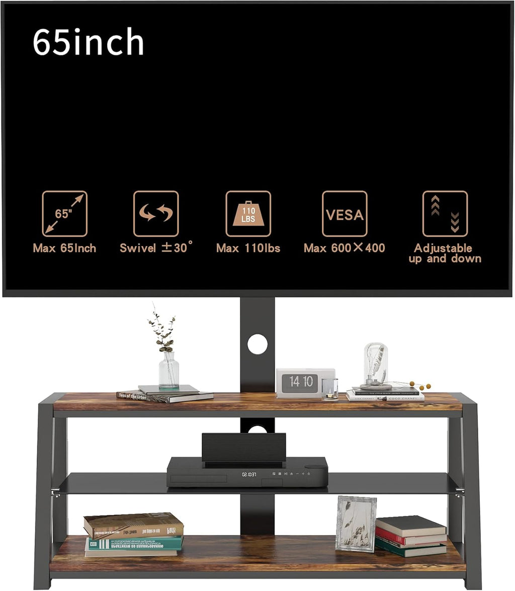 Angle and Height Adjustable Tempered Glass TV Stand, Black D285