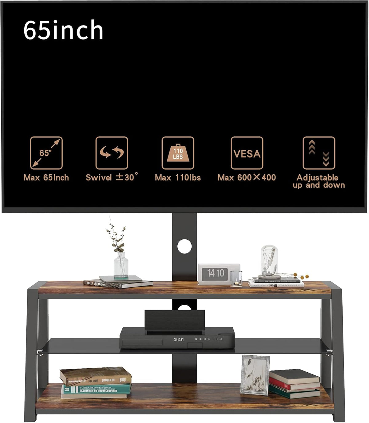 Angle and Height Adjustable Tempered Glass TV Stand, Black D285