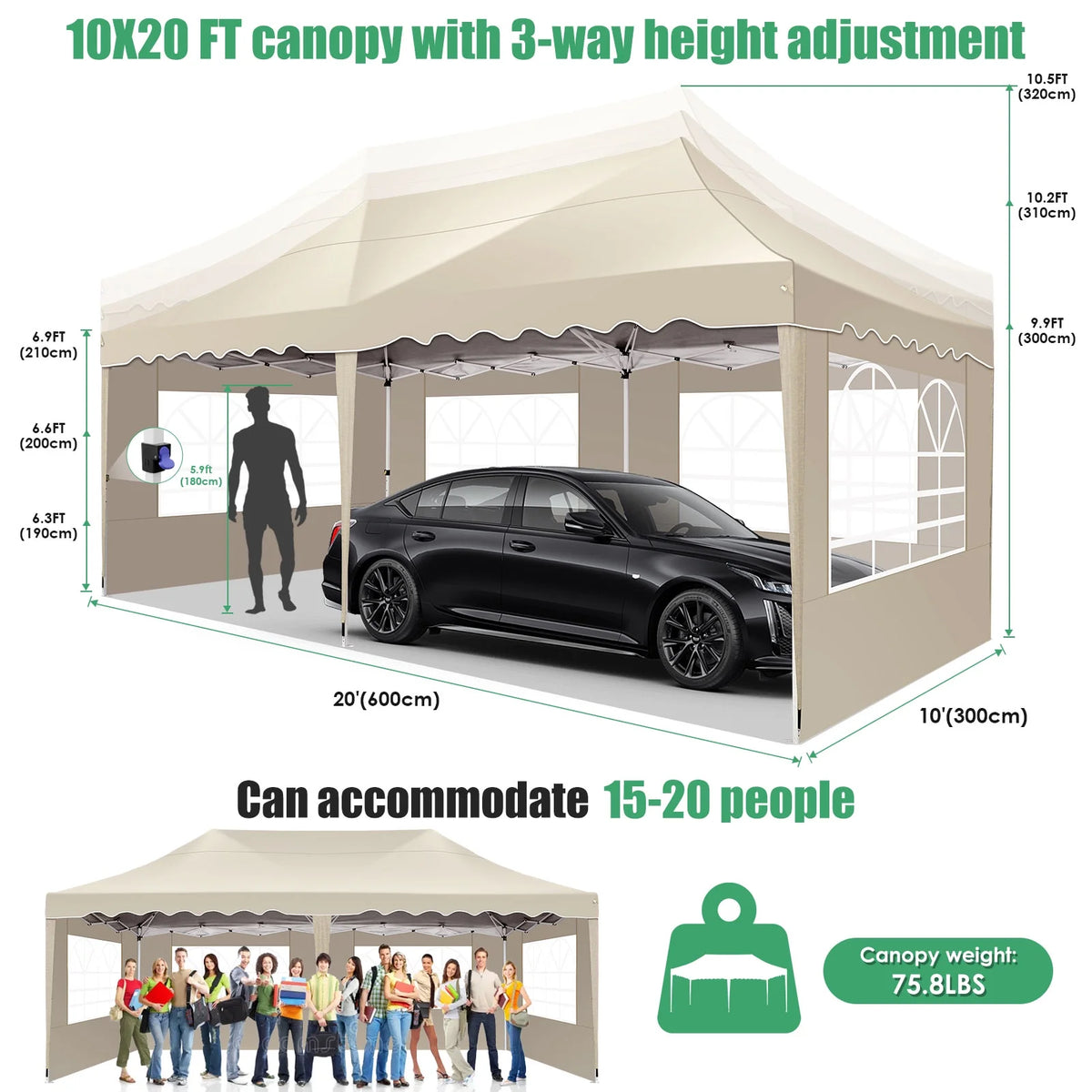 10' x 20' Pop Up Canopy Party Tent with Carry Bag, Khaki K1521
