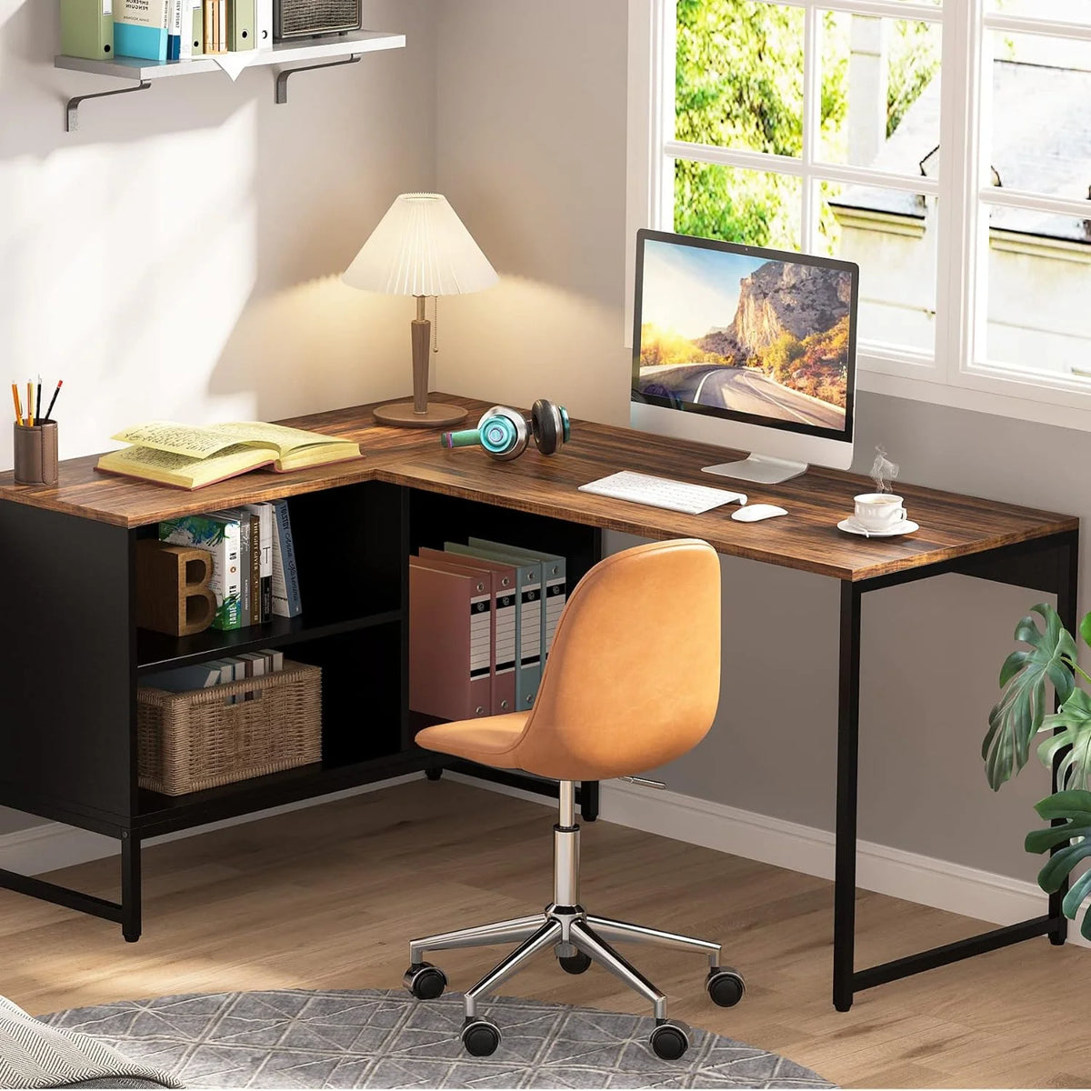 L Shaped Desk with File Cabinet 59 inch Black Rustic Brown E48078