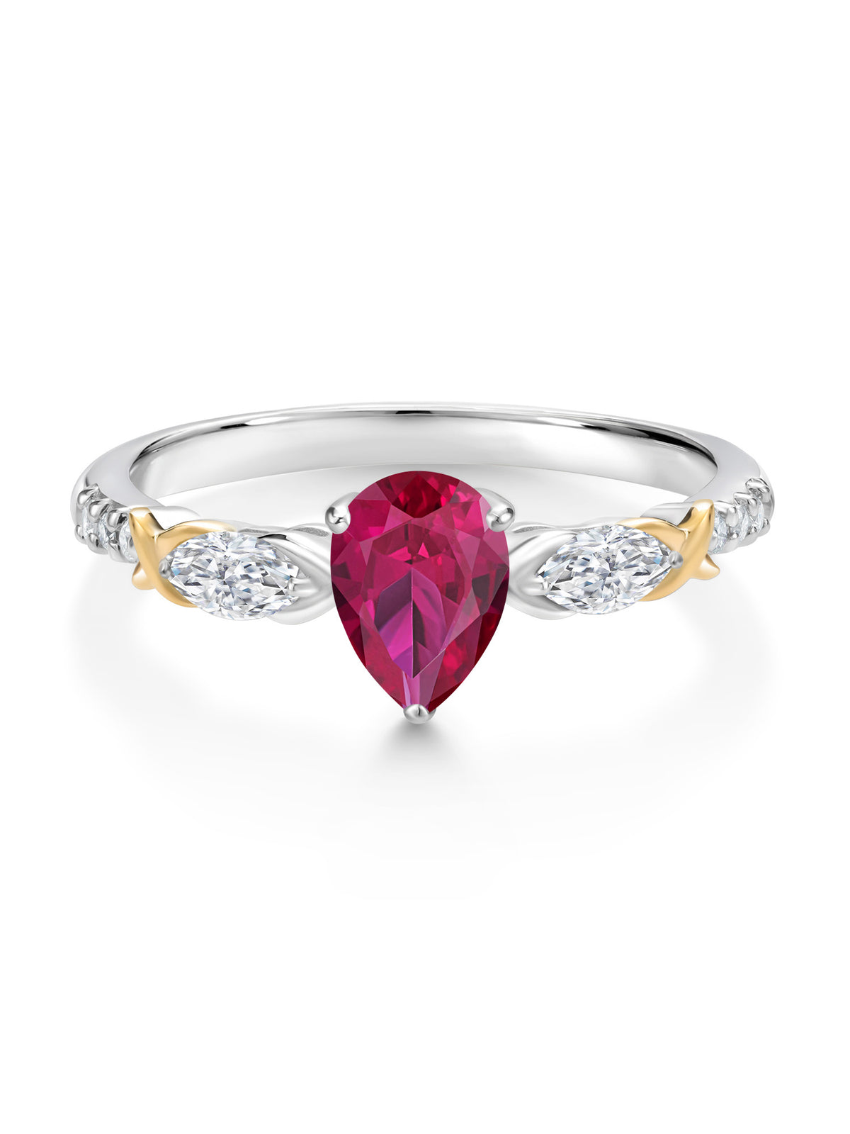 925 Silver 10K Yellow Gold Pear Shape Red Created Ruby White Moissanite White Lab Grown Diamond Engagement Ring C8441