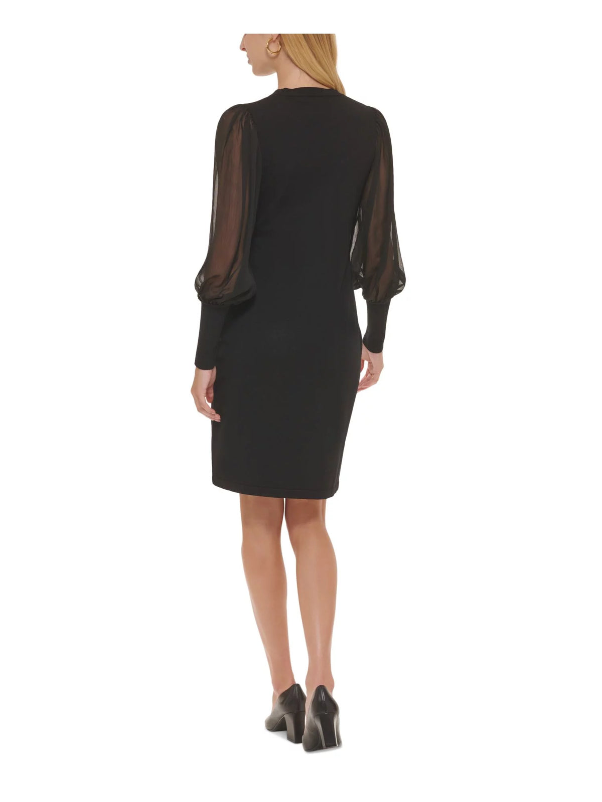Black Ribbed Sheer Crew Neck Knee Length Sheath Dress R360