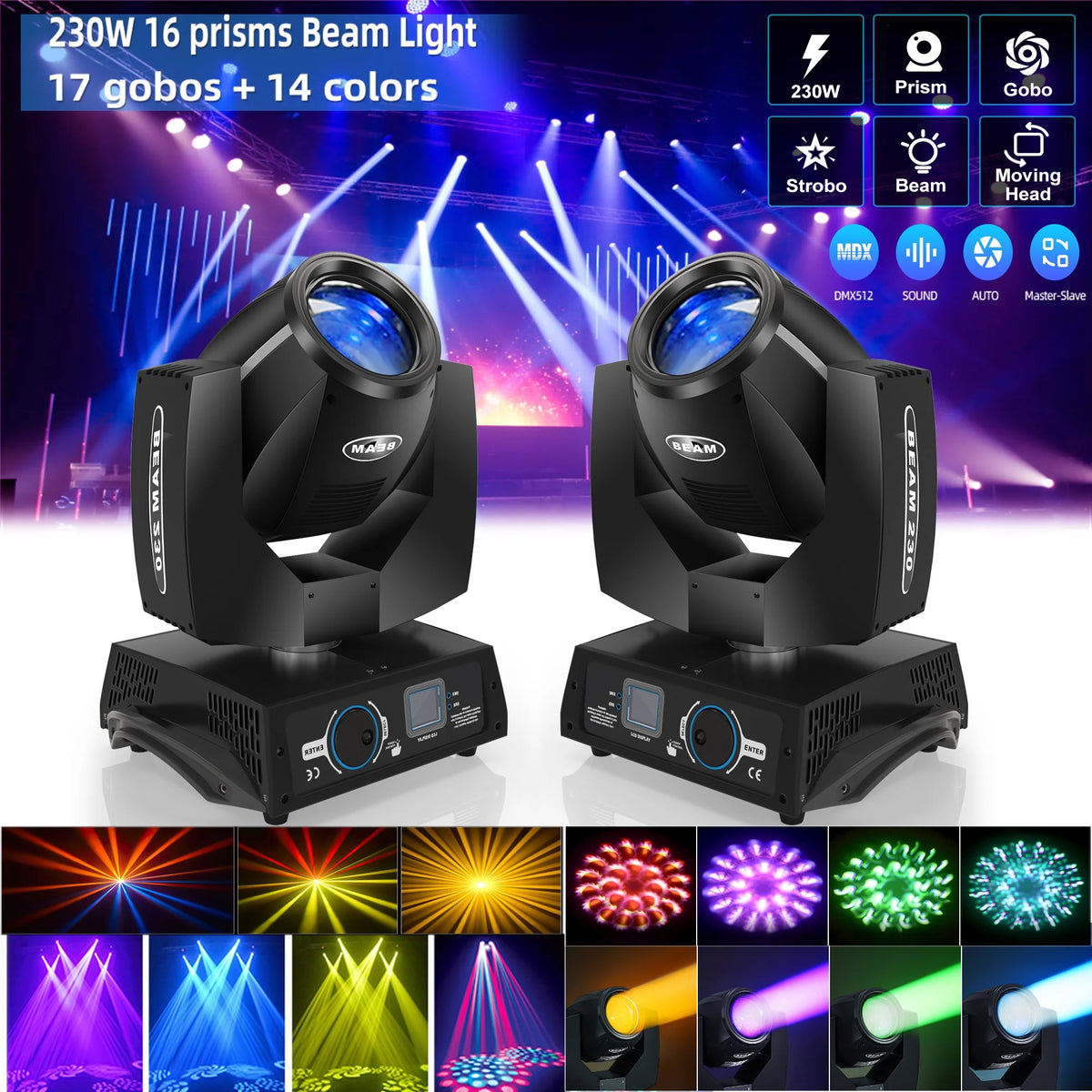 2 Pack 230W Beam Moving Head Light 8 Prisms 17 Gobos RGBW LED DJ Lighting 16CH DMX Control N3376