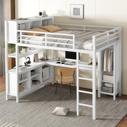 Queen Size Black Metal Loft Bed with Desk and Wardrobe H114353