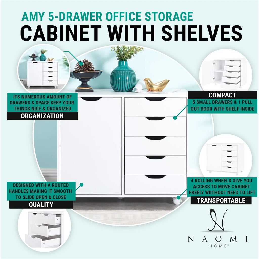 Black 5 Drawer File Cabinet with Wheels B871