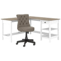 60W L Shaped Computer Desk with Storage and Mid Back Tufted Office Chair in Pure White and Shiplap Gray H39348