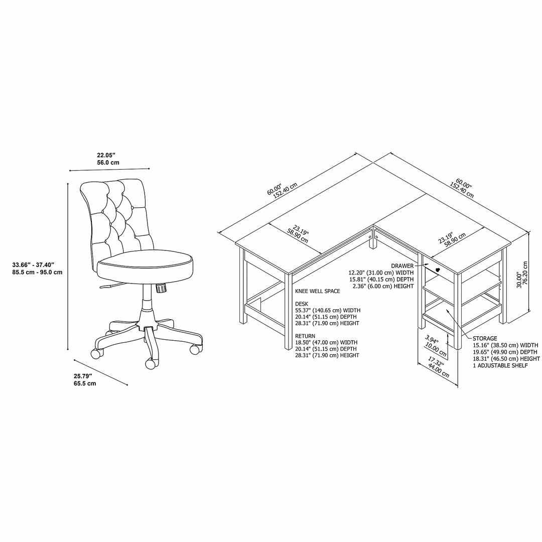 60W L Shaped Computer Desk with Storage and Mid Back Tufted Office Chair in Pure White and Shiplap Gray H39348