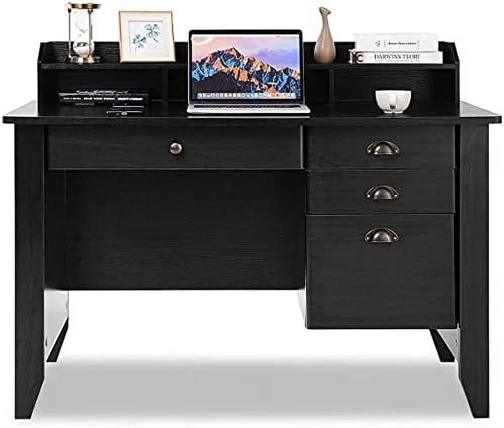 Brown Wooden Computer Desk with 4 Drawers and Bookshelf Q833