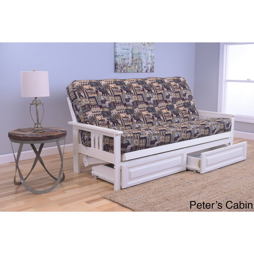 Antique White Full Futon with Mattress & Storage Drawers I4186