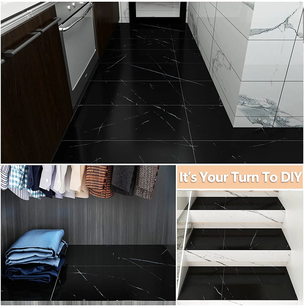 24-Pack Peel and Stick Vinyl Floor Tile 12"x24" Black Marble S3081