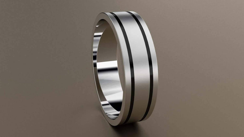 Brushed White Gold 6mm Double Black Groove Wedding Band 18kt V86429