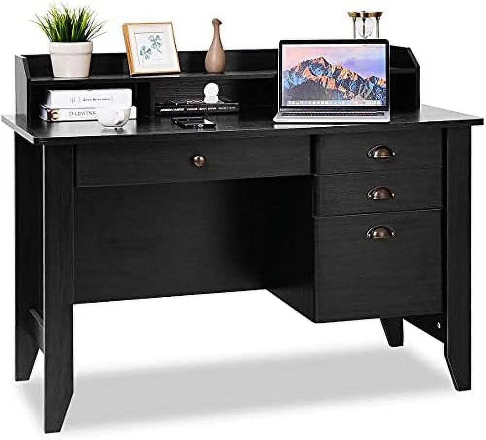 Brown Wooden Computer Desk with 4 Drawers and Bookshelf Q833