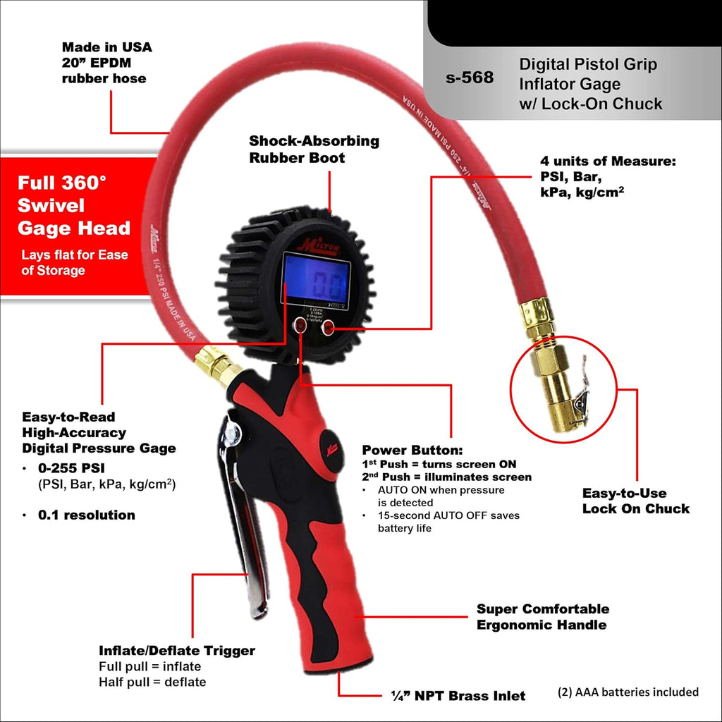 Heavy-Duty Digital Tire Pressure Gauge and Inflator with Lock-on Chuck, 255 PSI, Pack of 2 I481